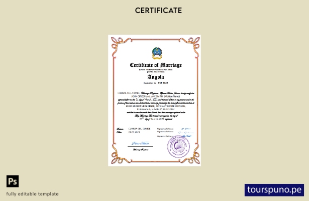 listo para imprimir certificado de matrimonio de Angola Plantilla Word y PDF